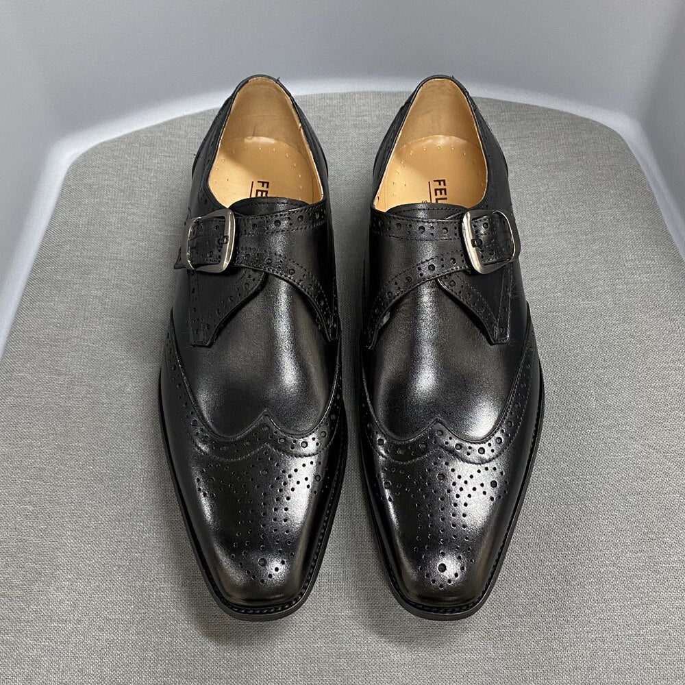 Men Dress Shoes Genuine Leather Italian Monk Strap Buckle - bertofonsi