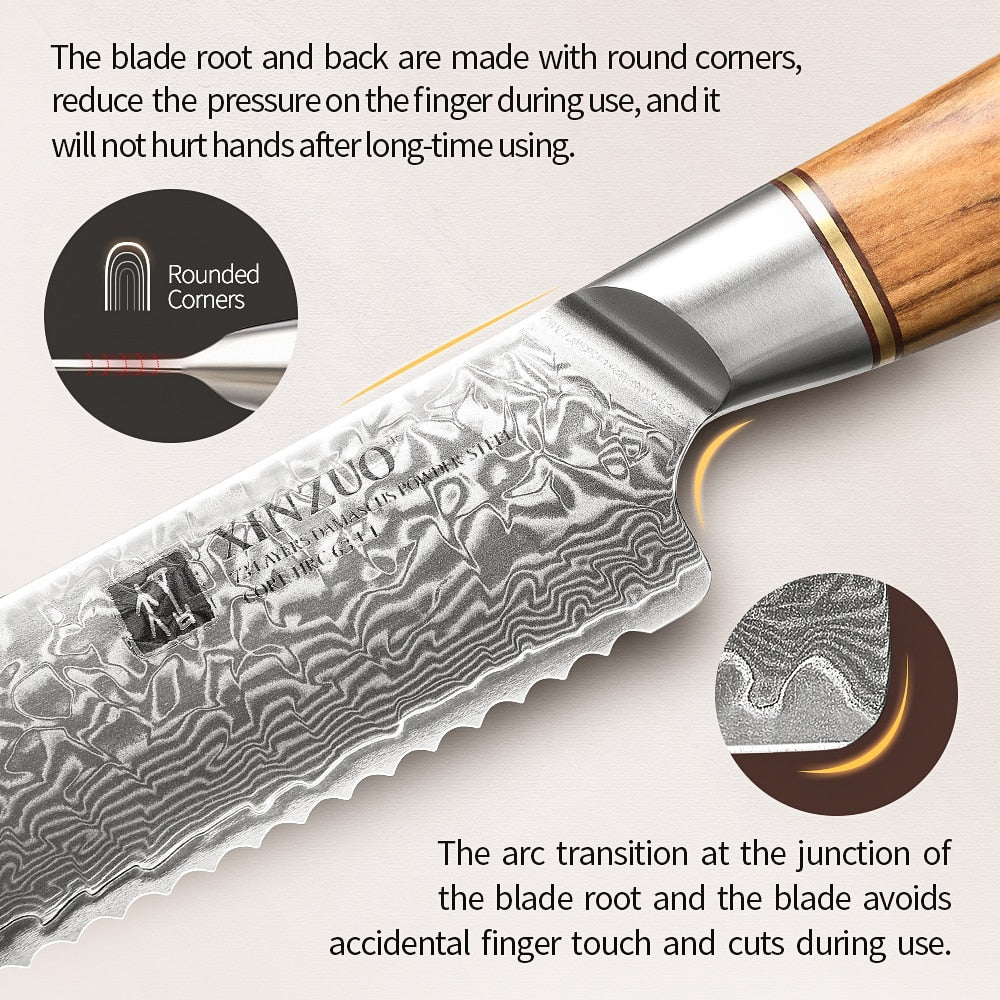 XINZUO 8.5 inch Bread Knife Customzied Damascus Steel  Cake Serving Cutter Sharp Serrated Blade Kitchen Knives with Olive Handle - bertofonsi