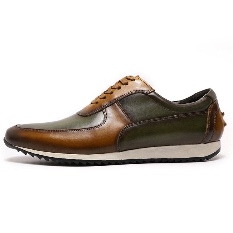 Big Size 5-15 Mens Casual Shoes Genuine Leather Hand Painted Oxford Brown Green Lace-Up Fashion Street Style Sneakers for Men - bertofonsi