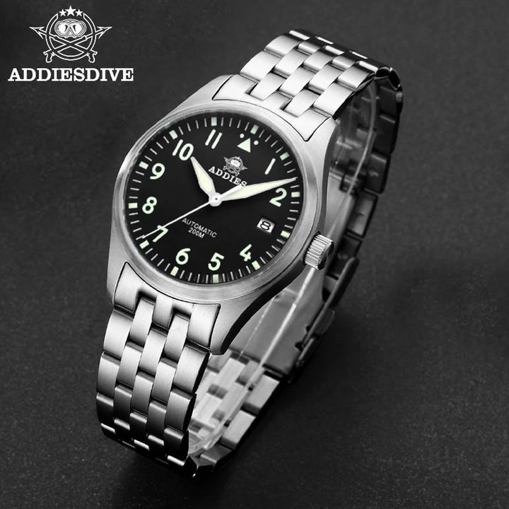ADDIESDIVE Automatic Mechanical Men&#39;s watch Sapphire Crystal Stainless Steel NH35 Pilot watch Leather Waterproof automatic Watch - bertofonsi