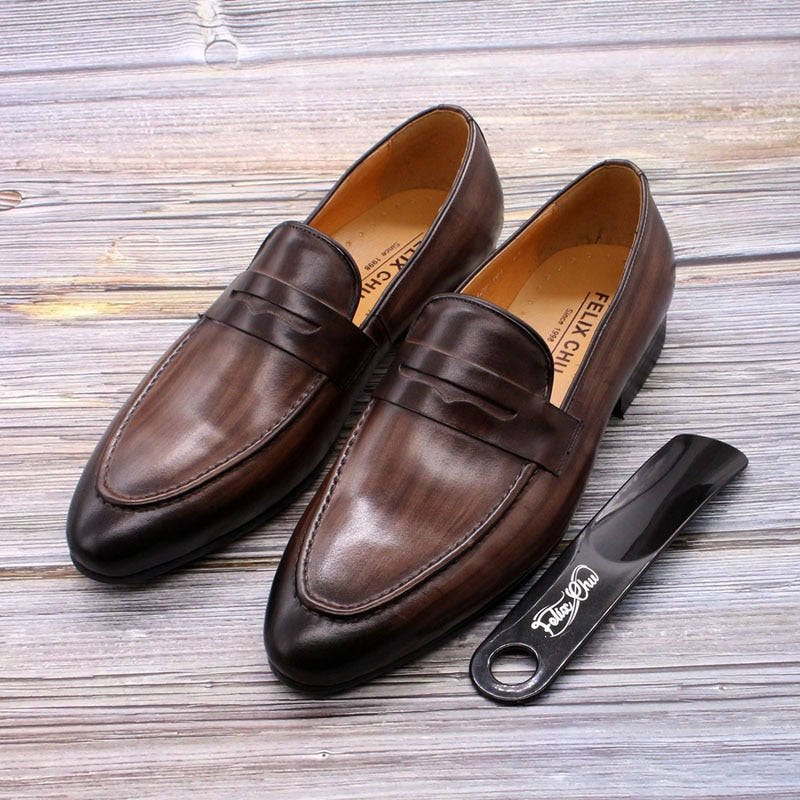 Size 6-13 Spring Autumn Mens Penny Loafers Genuine Leather Hand Painted Slip On Dress Shoes Men Wedding Casual Business Shoes - bertofonsi