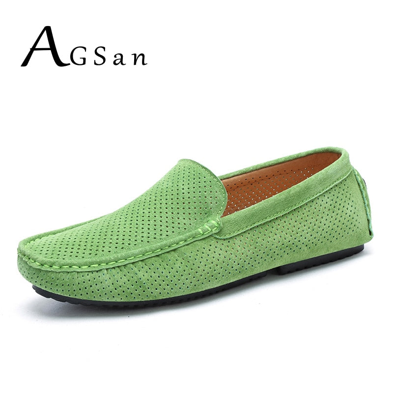 Summer Men Loafers Genuine Leather Casual Shoes Breathable Driving Shoes Fashion Moccasins Green Cow Suede Loafers Office Shoes - bertofonsi