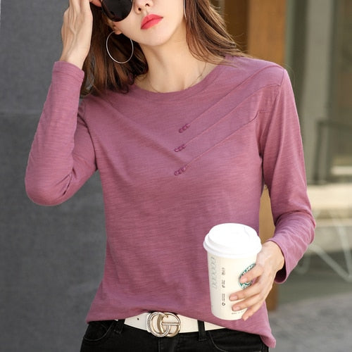 2023 Fashion O-neck Long Sleeve Shirt Women Tops Cotton T-shirt Autumn Solid Loose All-match Office Lady Korean Clothes 10800 - bertofonsi