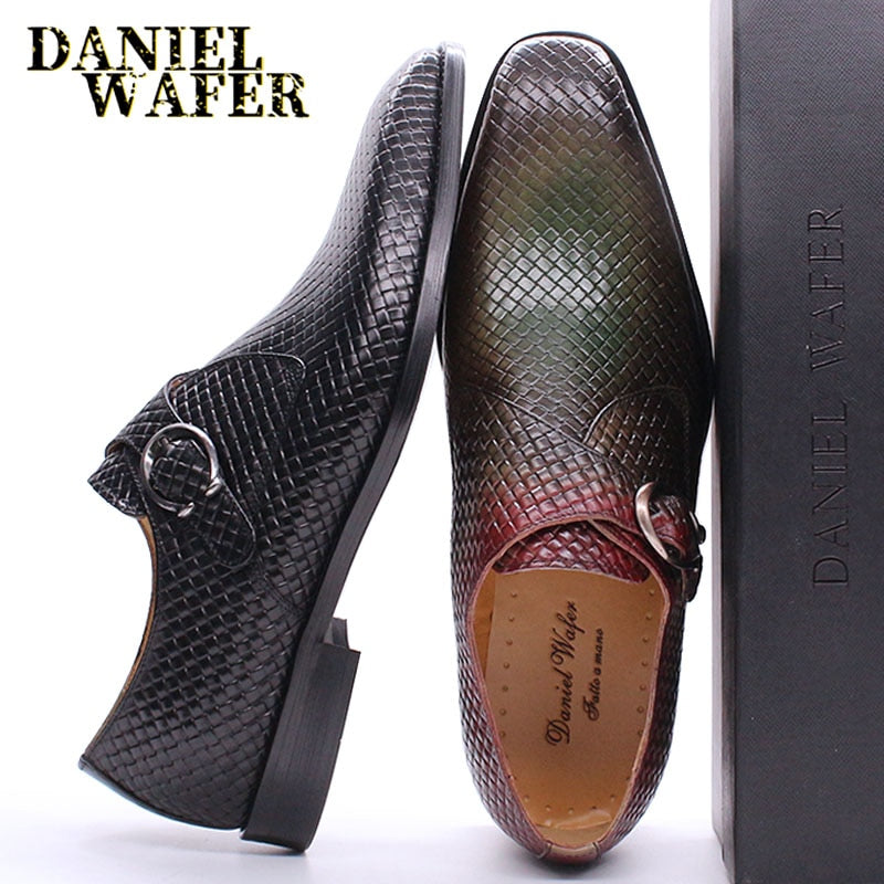 Luxury Men Loafers Shoes Slip on Monk Strap Mix Color Black Men Casual Shoes Dress Office Business Wedding Genuine Leather Shoes - bertofonsi