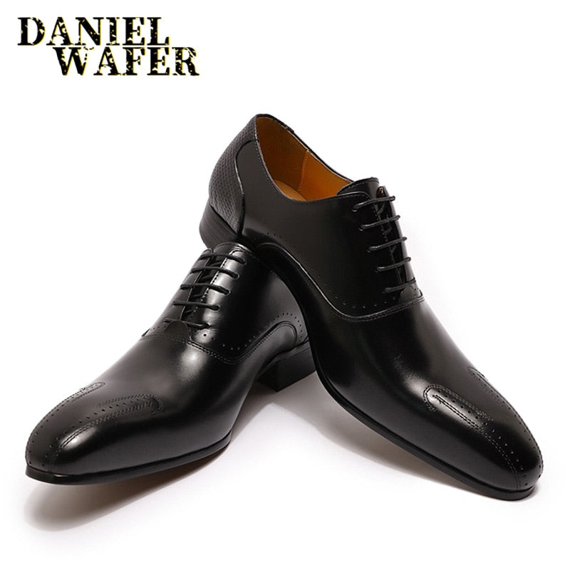 2022 WINTER LUXURY MEN GENUINE LEATHER SHOES LACE UP WEDDING OFFICE BUSINESS POINTED TOE FORMAL MEN DRESS  OXFORD SHOES FOR MEN - bertofonsi