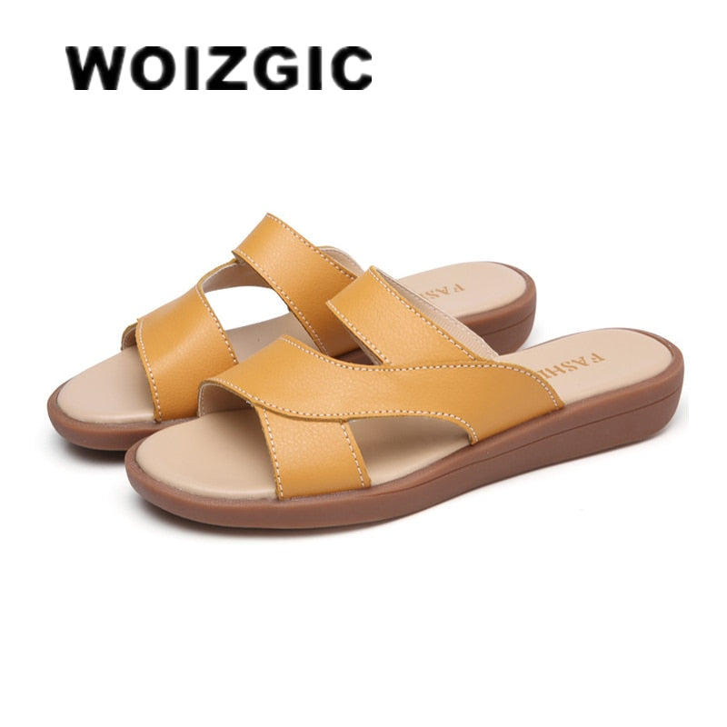WOIZGIC New Women Old Mother Female Ladies Shoes Sandals Cow Genuine Leather Slip On Summer Beach Casual Size 35-40 YL-1802 - bertofonsi