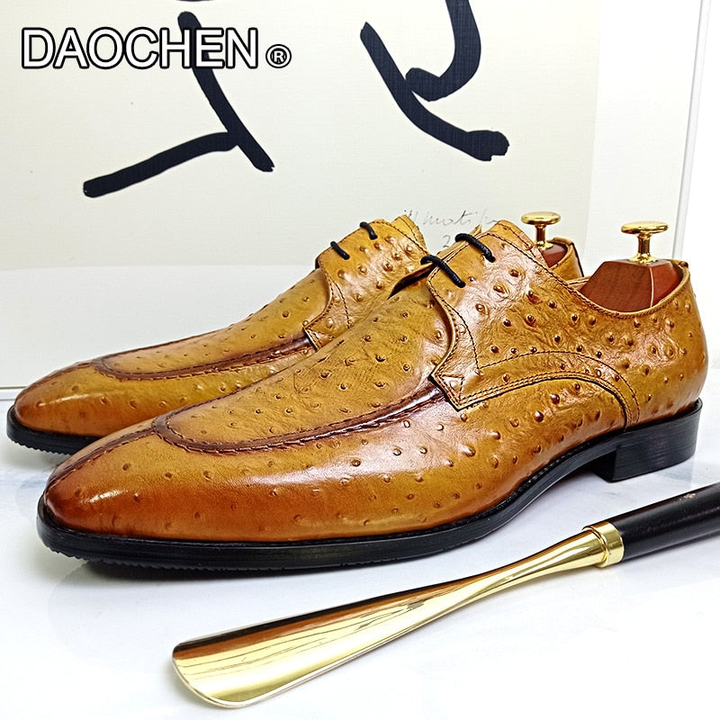LUXURY BRAND MEN LEATHER SHOES YELLOW BLACK LACE UP DERBY OXFORDS PRINTED TOE MAN DRESS SHOE WEDDING OFFICE CASUAL SHOES FOR MEN - bertofonsi