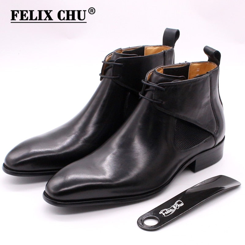 Street Style Mens Leather Boots Square Plain Real Leather Chelsea Black Brown Dress Shoes Handmade Lace Up Ankle Boot for Men - bertofonsi