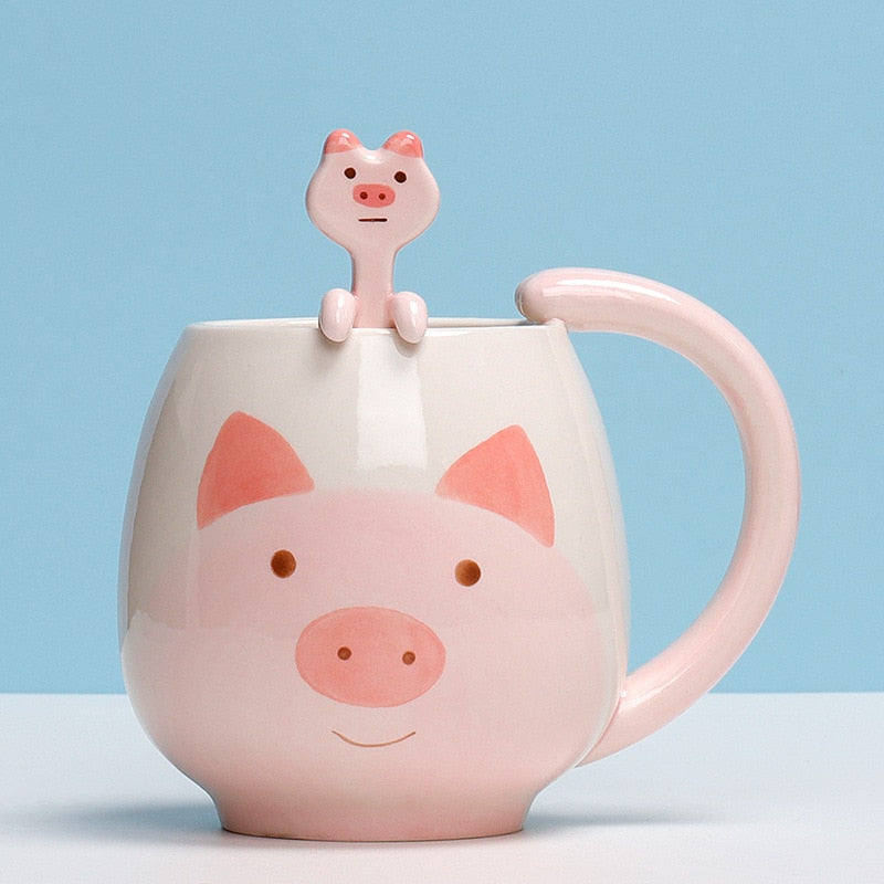 12 oz Cat Mug and Spoon,Fox/Panda/Pig/Bear/Frog Mug,Cute Animal Mug For Milk,Coffee,Drinking Water - bertofonsi