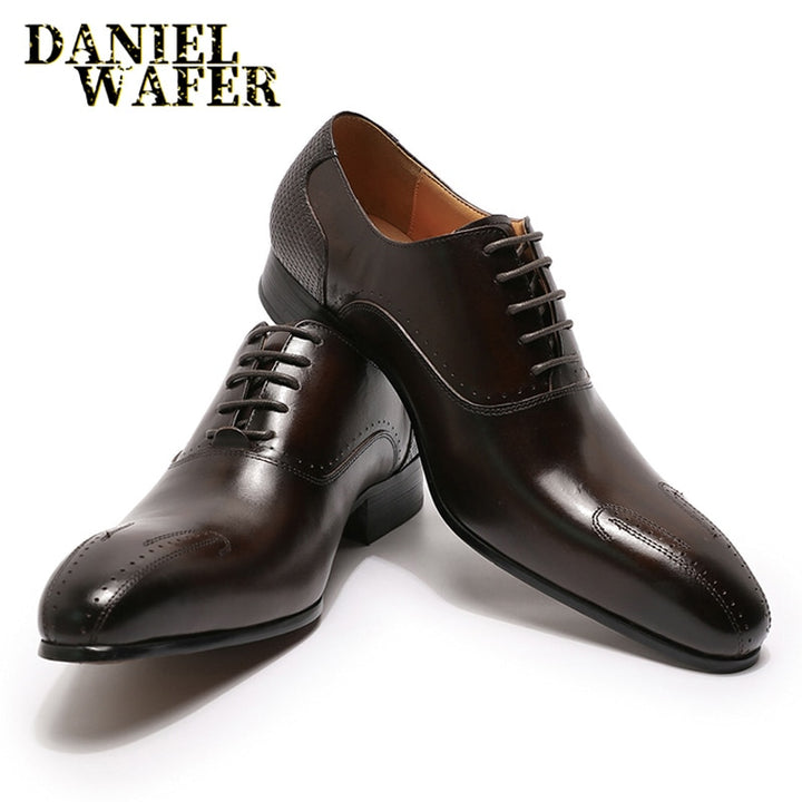 2022 WINTER LUXURY MEN GENUINE LEATHER SHOES LACE UP WEDDING OFFICE BUSINESS POINTED TOE FORMAL MEN DRESS  OXFORD SHOES FOR MEN - bertofonsi