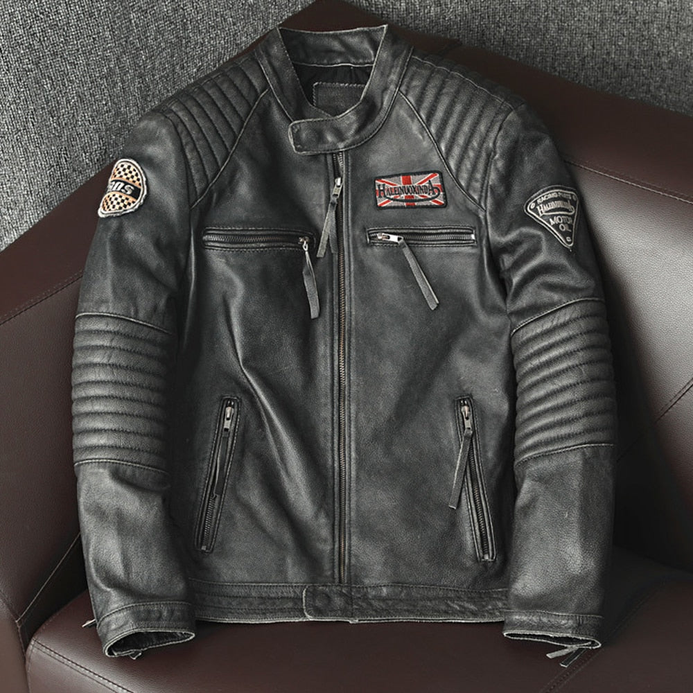 Free shipping,Biker Popular motor style Vintage men&#39;s quality genuine leather Jacket slim 100% natural cowhide coat.Dermis - bertofonsi