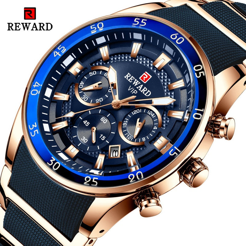 REWARD Brand Mens Watches Luxury Quartz Blue Watch Full Steel Men Chronograph Waterproof Business Wrist Watch Relogio Masculino - bertofonsi
