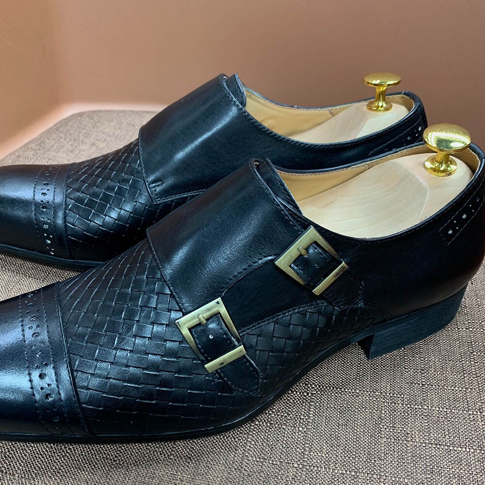 Luxury Classic Mens Wedding Dress Shoes Black Blue Real Cow Leather Monk Buckle Strap Pointed Toe Oxford Loafer Shoes for Men - bertofonsi