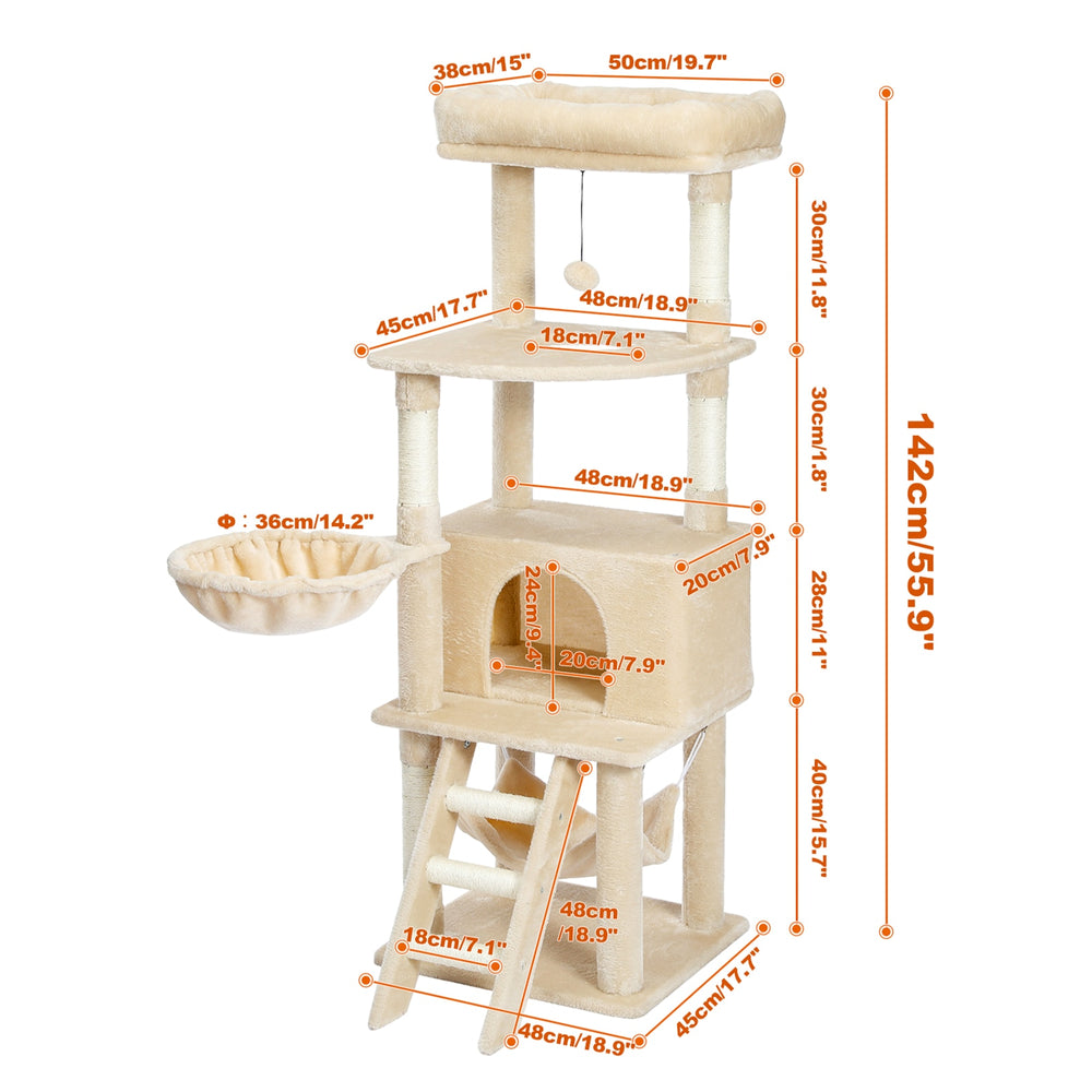 Cat Tree Towel Scratching Sisal Post Multi-Level Pet Climbing Tree with Hammock Bed Cat Ladder Extra Large Perch with Toy Ball - bertofonsi