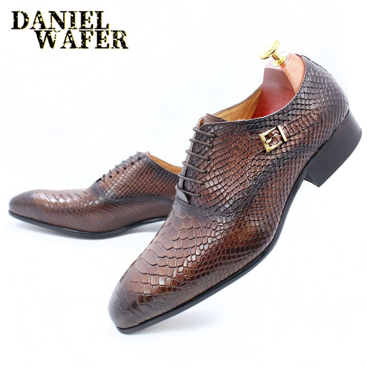 Fashion Men Dress Leather Shoes Snake Skin Prints Classic Style Wine Blue Coffee Black Lace Up Pointed Men Oxford Formal Shoes - bertofonsi