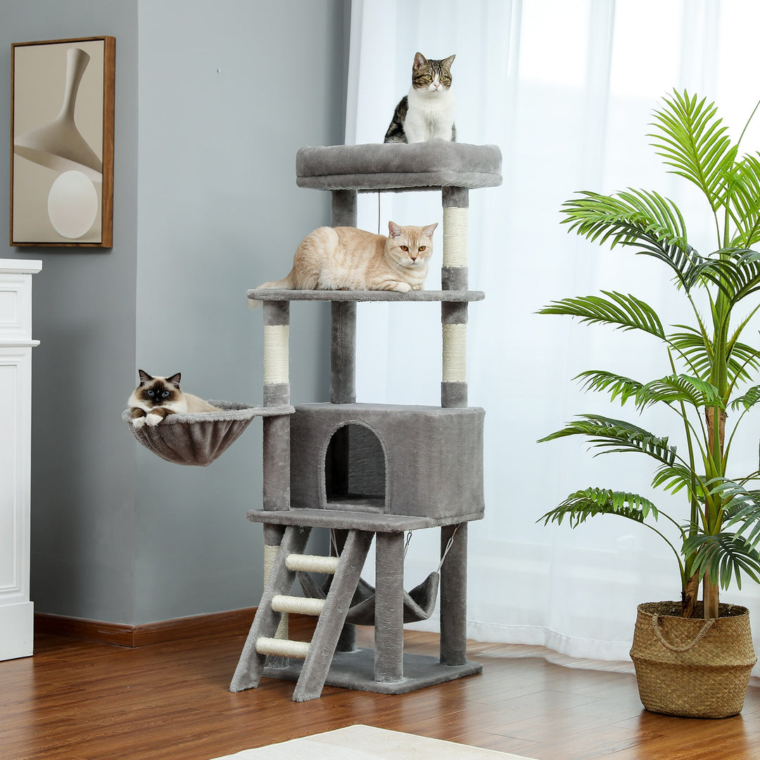 Cat Tree Towel Scratching Sisal Post Multi-Level Pet Climbing Tree with Hammock Bed Cat Ladder Extra Large Perch with Toy Ball - bertofonsi