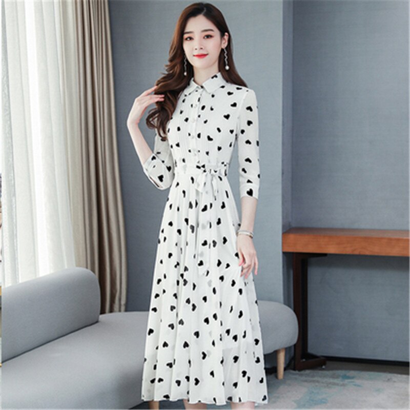 2020 Korean summer new stand-up collar seven-point sleeves temperament chiffon floral big swing dress women - bertofonsi