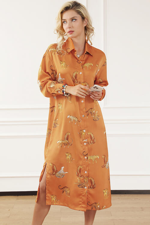 Animal Pattern Long Sleeve Slit Shirt Dress - bertofonsi