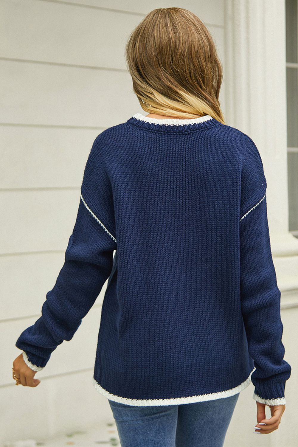 Round Neck Long Sleeve Waffle-Knit Sweater - bertofonsi