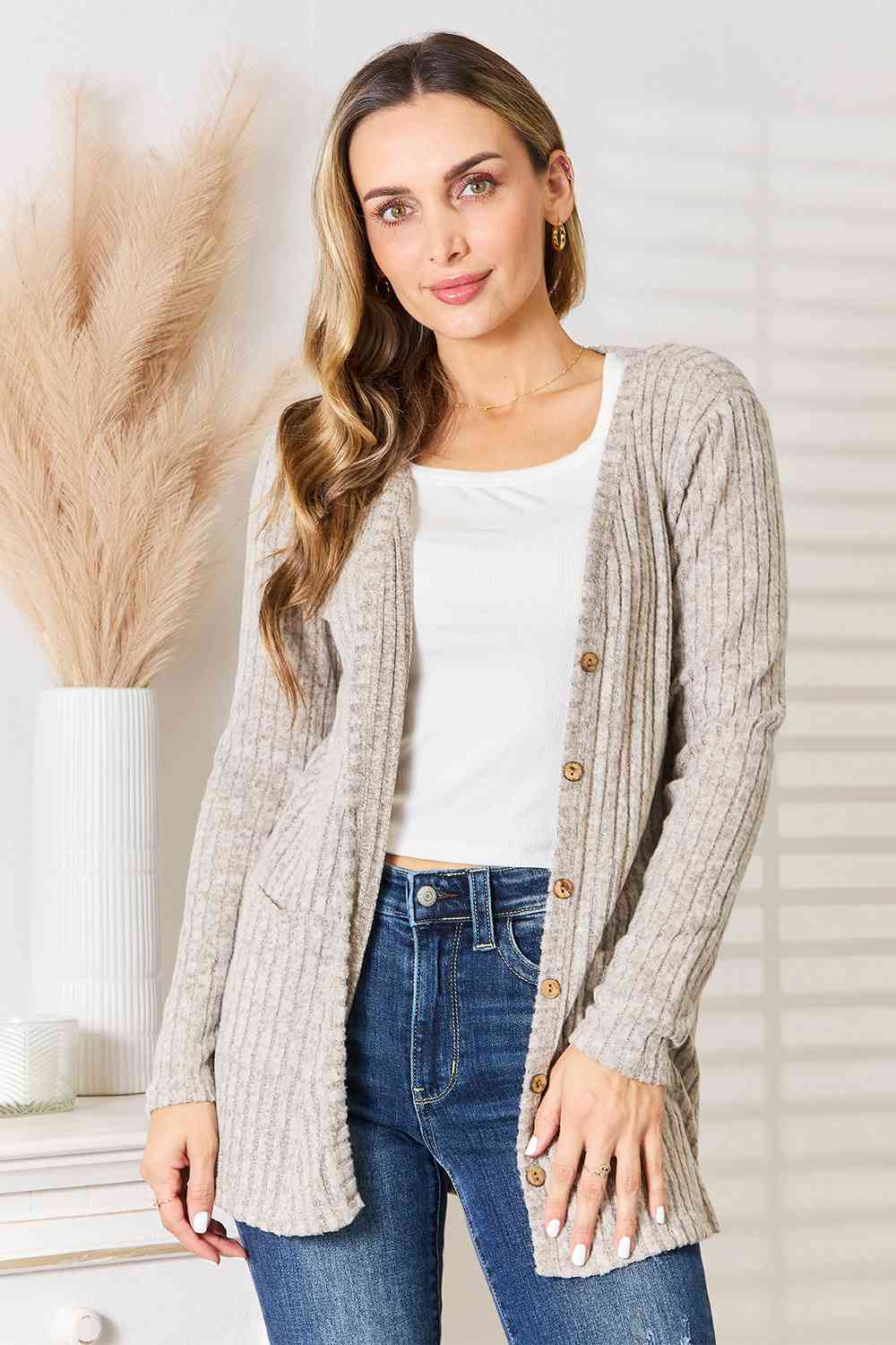 Double Take Ribbed Button-Up Cardigan with Pockets - bertofonsi