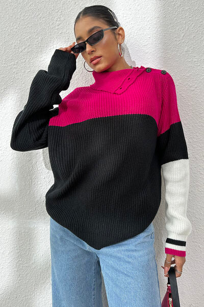 Contrast Buttoned Cutout Long Sleeve Sweater - bertofonsi