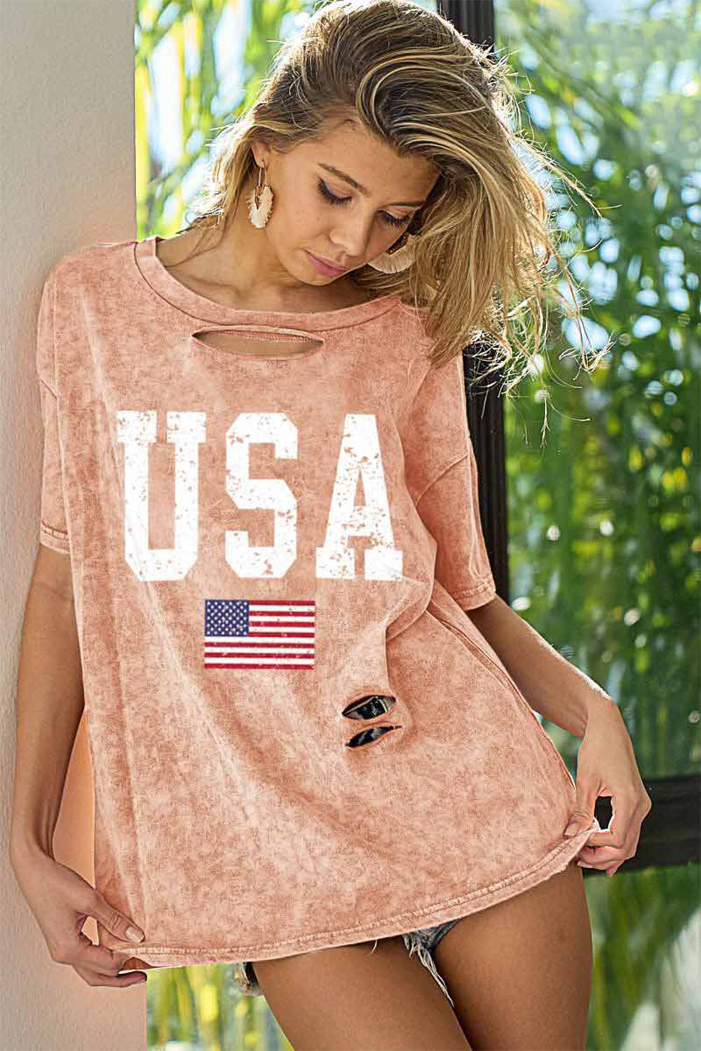 BiBi Washed American Flag Graphic Distressed T-Shirt - bertofonsi