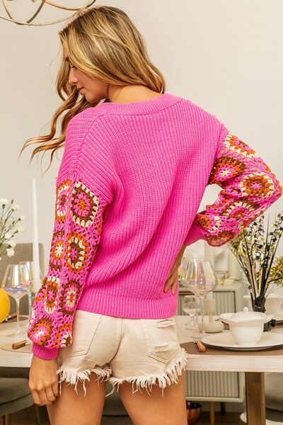 BiBi V-Neck Crochet Long Sleeve Sweater - bertofonsi
