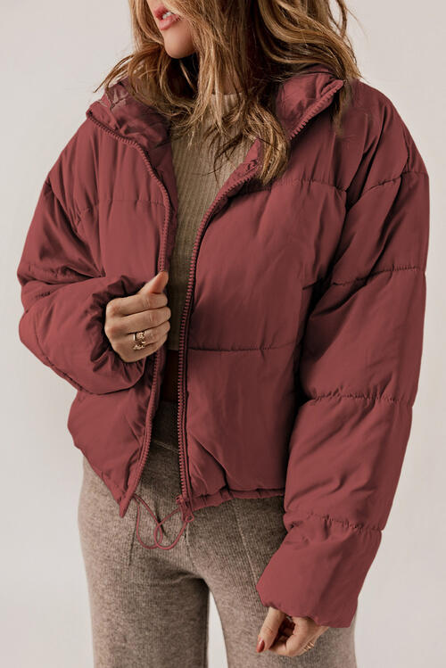 Zip Up Collared Neck Long Sleeve Winter Coat - bertofonsi