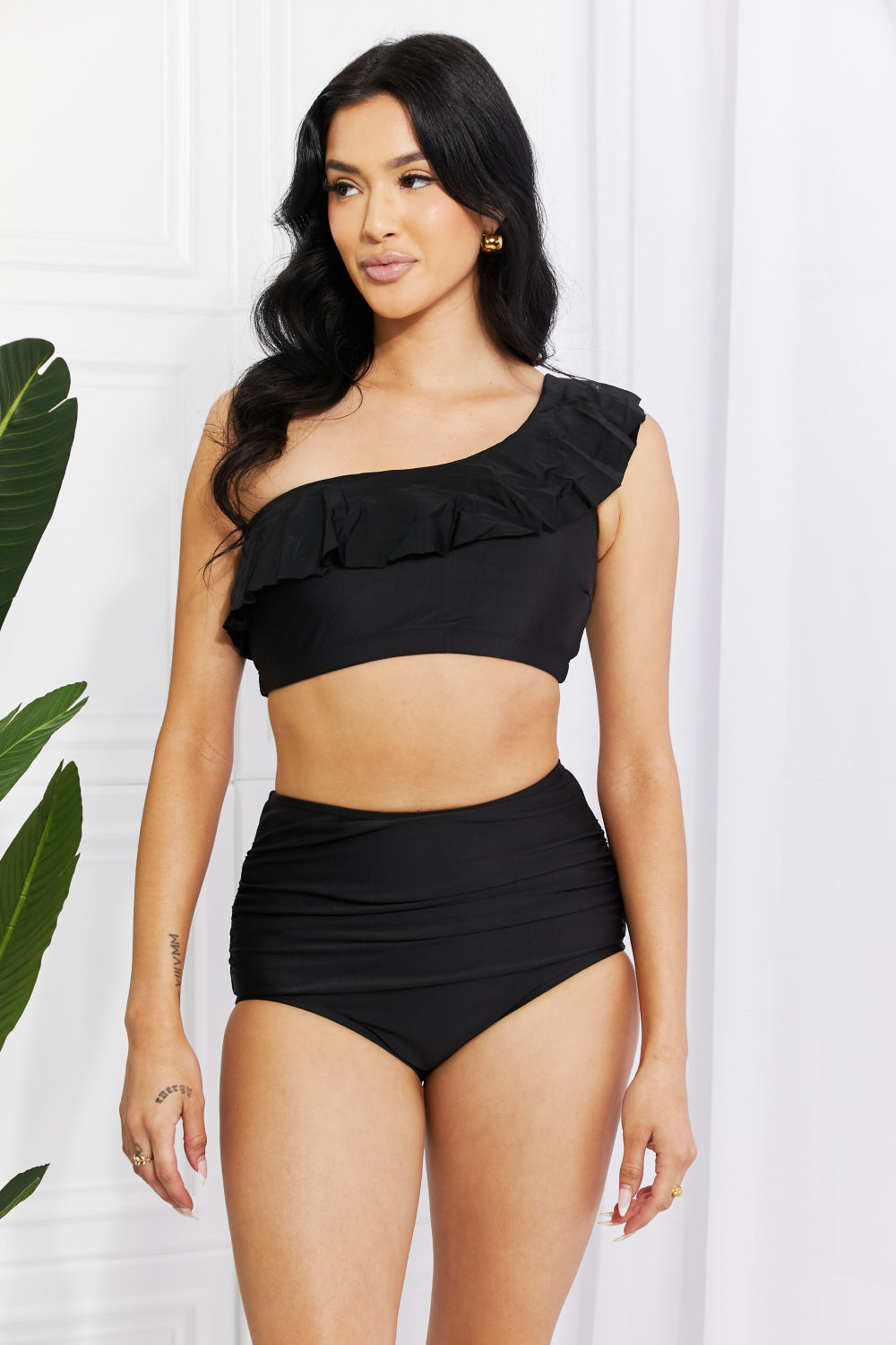 Marina West Swim Seaside Romance Ruffle One-Shoulder Bikini in Black - bertofonsi