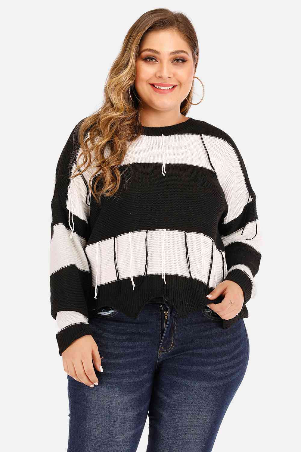 Plus Size Drop Shoulder Color Block Sweater - bertofonsi