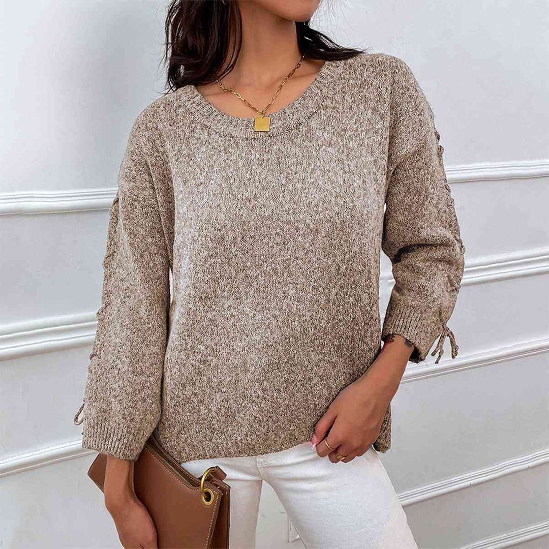 Lace-Up Long Sleeve Round Neck Sweater - bertofonsi