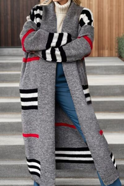 Striped Open Front Long Sleeve Longline Sweater Cardigan - bertofonsi