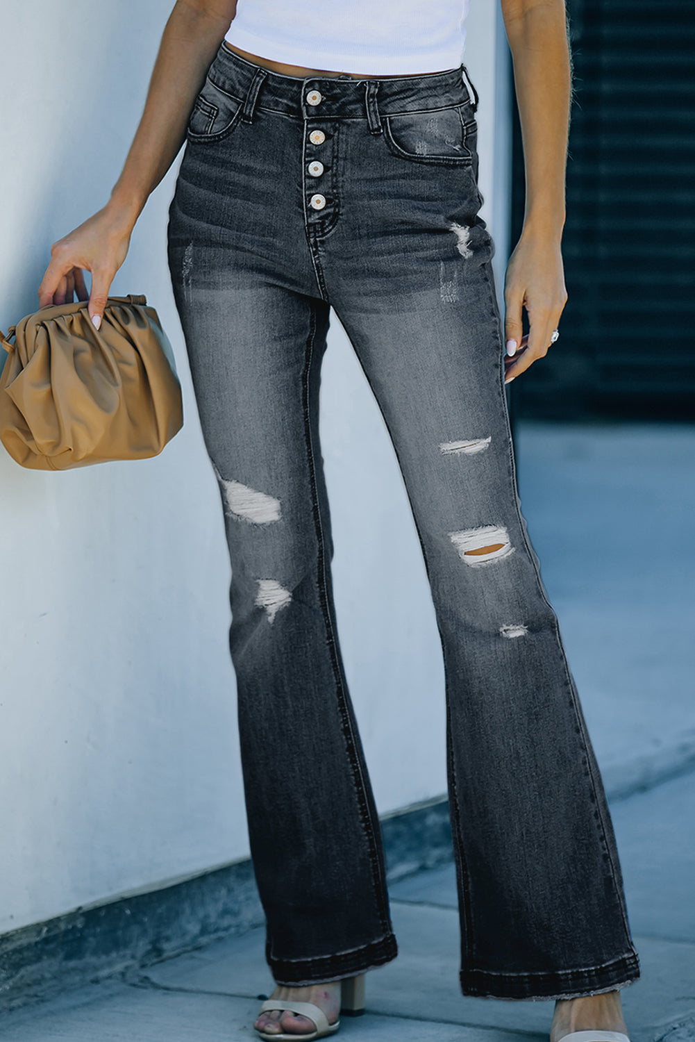 Distressed Button-Fly Flare Jeans - bertofonsi