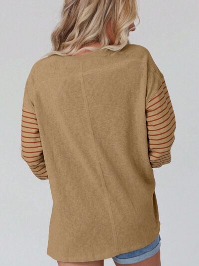 Round Neck Striped Long Sleeve Slit T-Shirt - bertofonsi