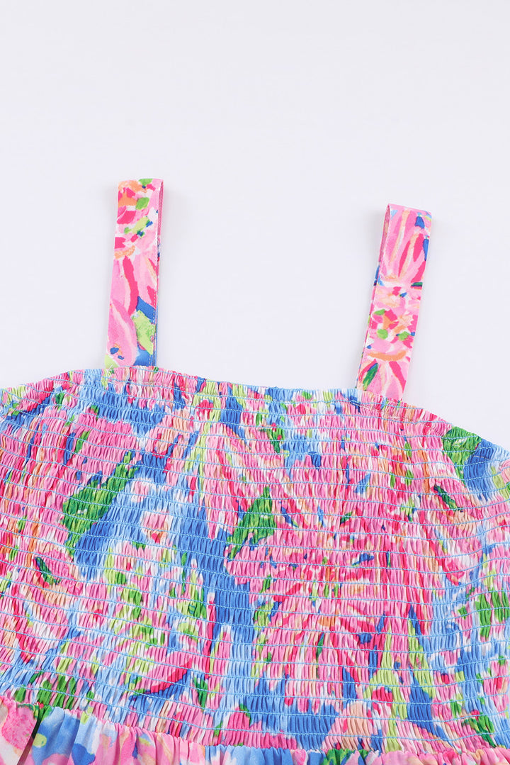Floral Smocked Square Neck Jumpsuit with Pockets - bertofonsi