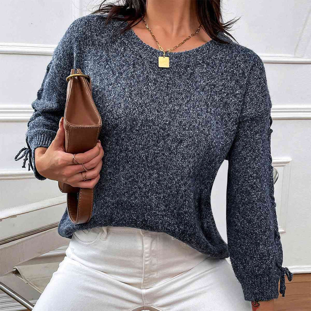 Lace-Up Long Sleeve Round Neck Sweater - bertofonsi
