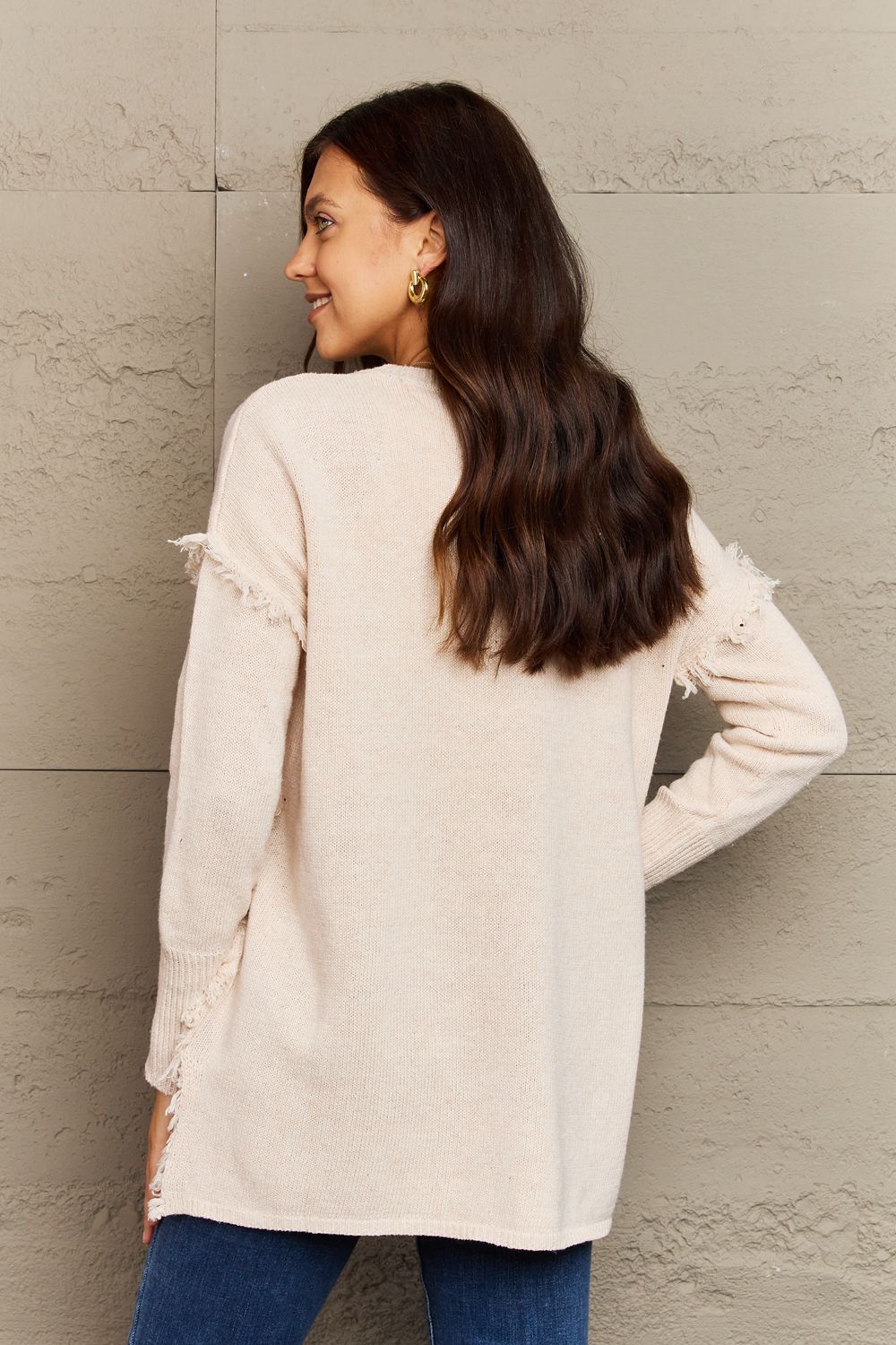 Ninexis Full Size Buttoned Dropped Shoulder Raw Hem Pullover Sweater - bertofonsi