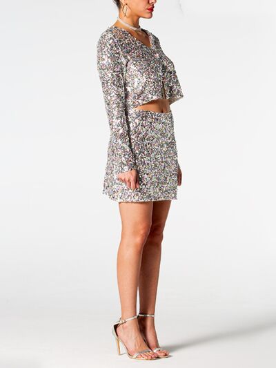 Sequin V-Neck Top and Mini Skirt Set - bertofonsi