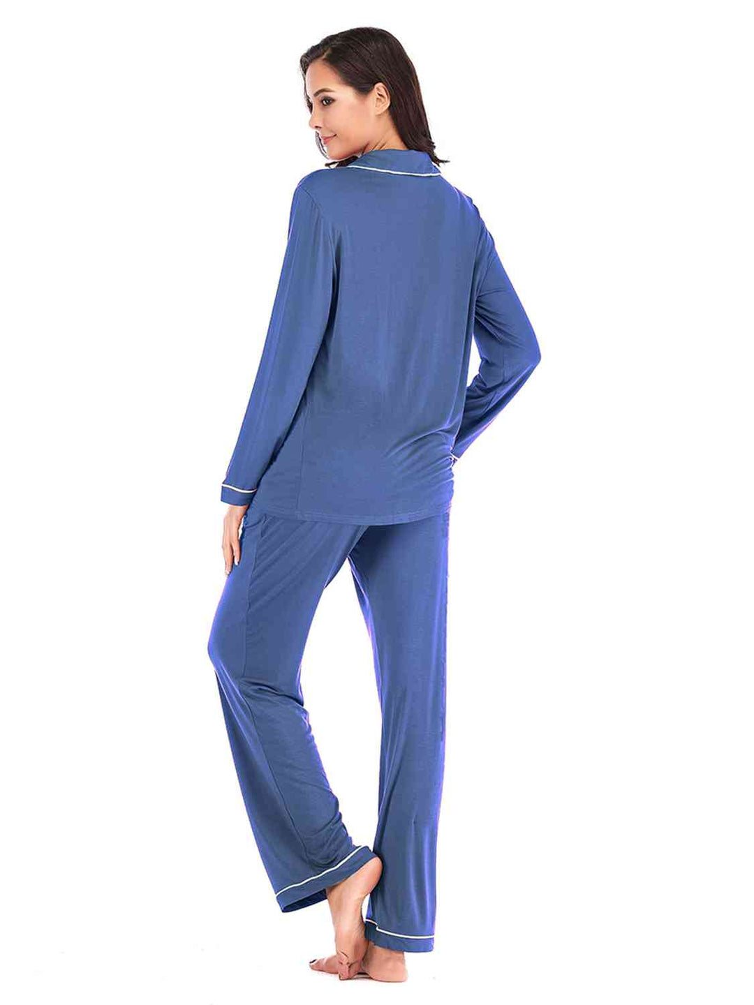 Collared Neck Long Sleeve Loungewear Set with Pockets - bertofonsi
