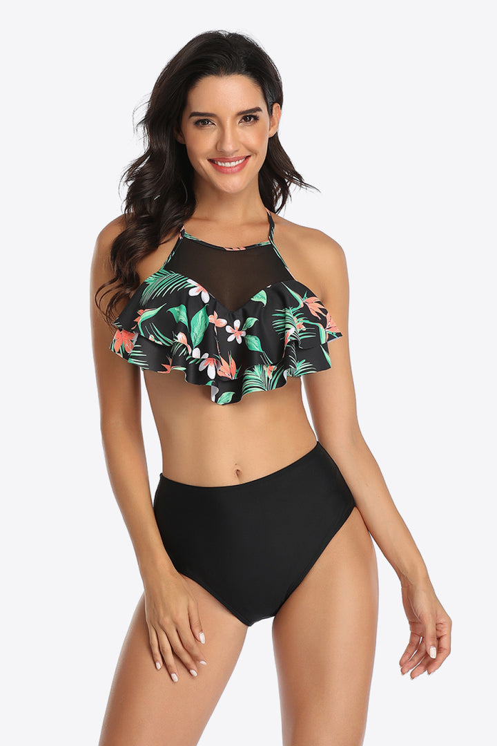 Tropical Print Ruffled Two-Piece Swimsuit - bertofonsi