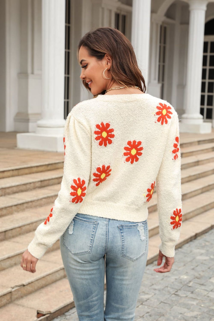 Flower Pattern Round Neck Short Sleeve Pullover Sweater - bertofonsi