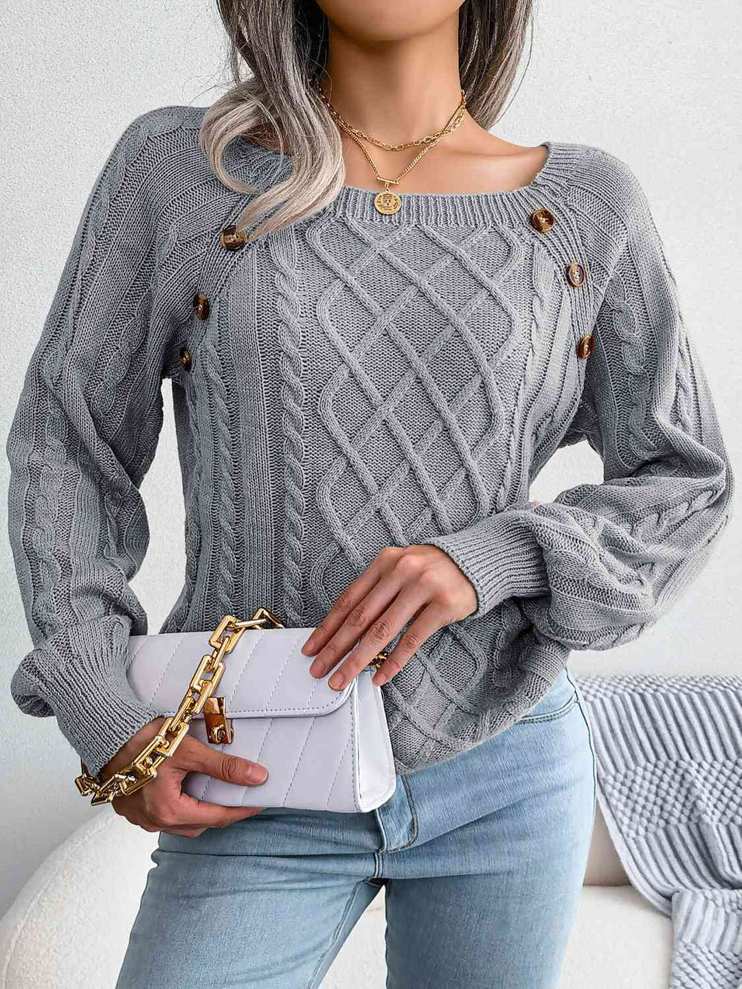 Decorative Button Cable-Knit Sweater - bertofonsi