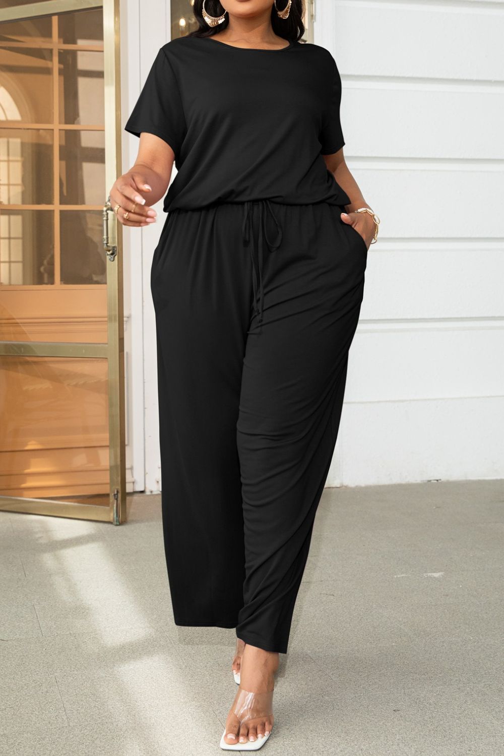 Plus Size Drawstring Waist Short Sleeve Jumpsuit - bertofonsi