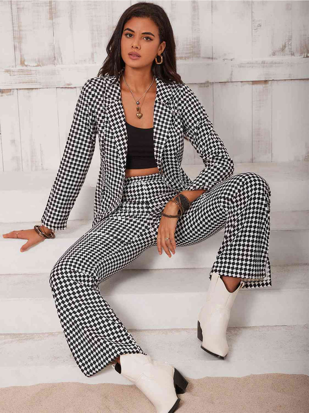 Checkered Blazer & Slit Pants Set - bertofonsi