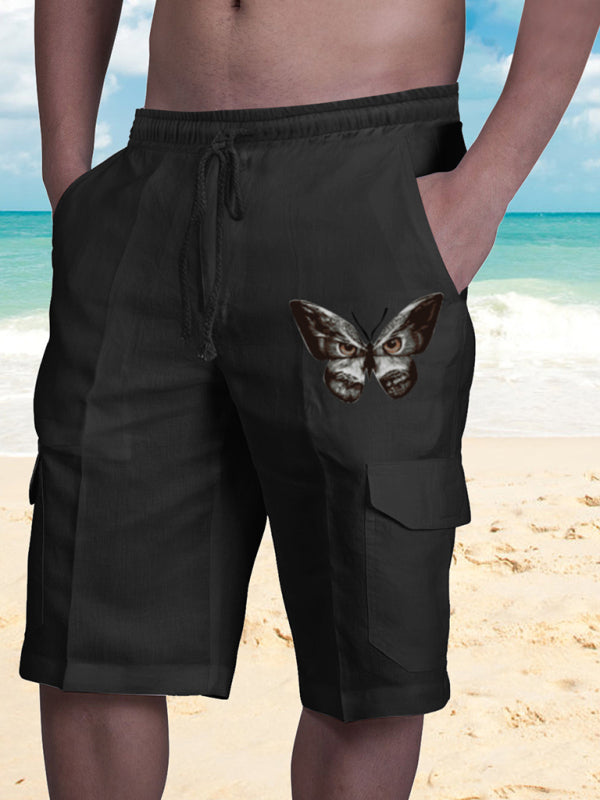 Linen Shorts Multi Pocket Tether Men's Beach Cargo Pants - bertofonsi