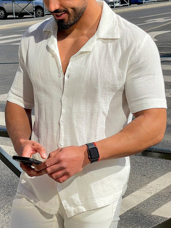 Men's Solid Color Thin Short Sleeve Lapel Collar Simple Casual Shirt - bertofonsi