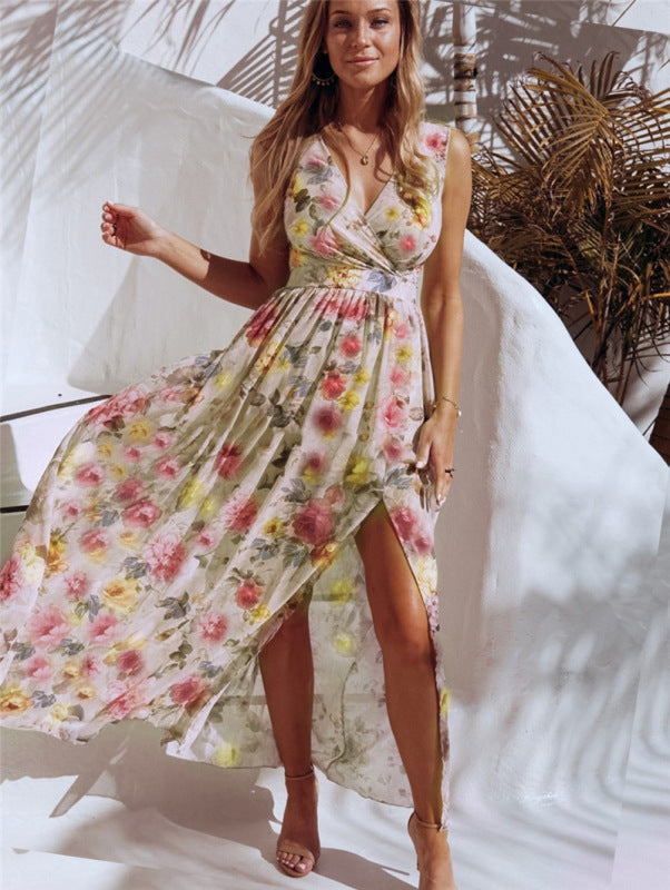 Elegant Floral Print Chiffon Dress Sleeveless Vacation Beach Slit Maxi Dress - bertofonsi