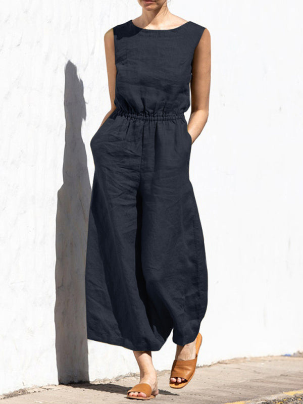 Solid color high waist sleeveless trousers women's fashion casual loose-fitting temperament jumpsuit - bertofonsi