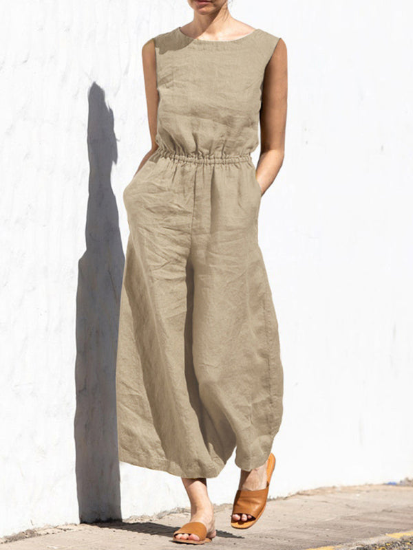 Solid color high waist sleeveless trousers women's fashion casual loose-fitting temperament jumpsuit - bertofonsi