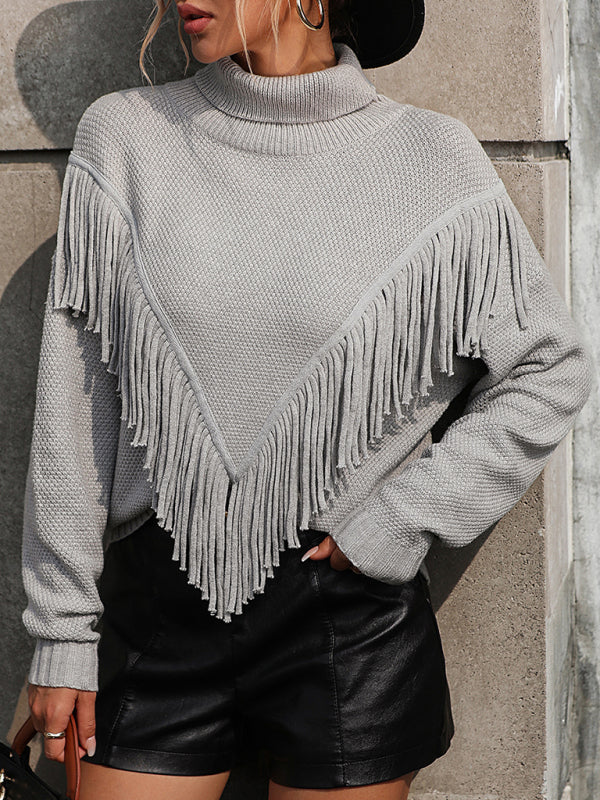 Women's Loose Fringed Sweater Knit Turtleneck Sweater - bertofonsi